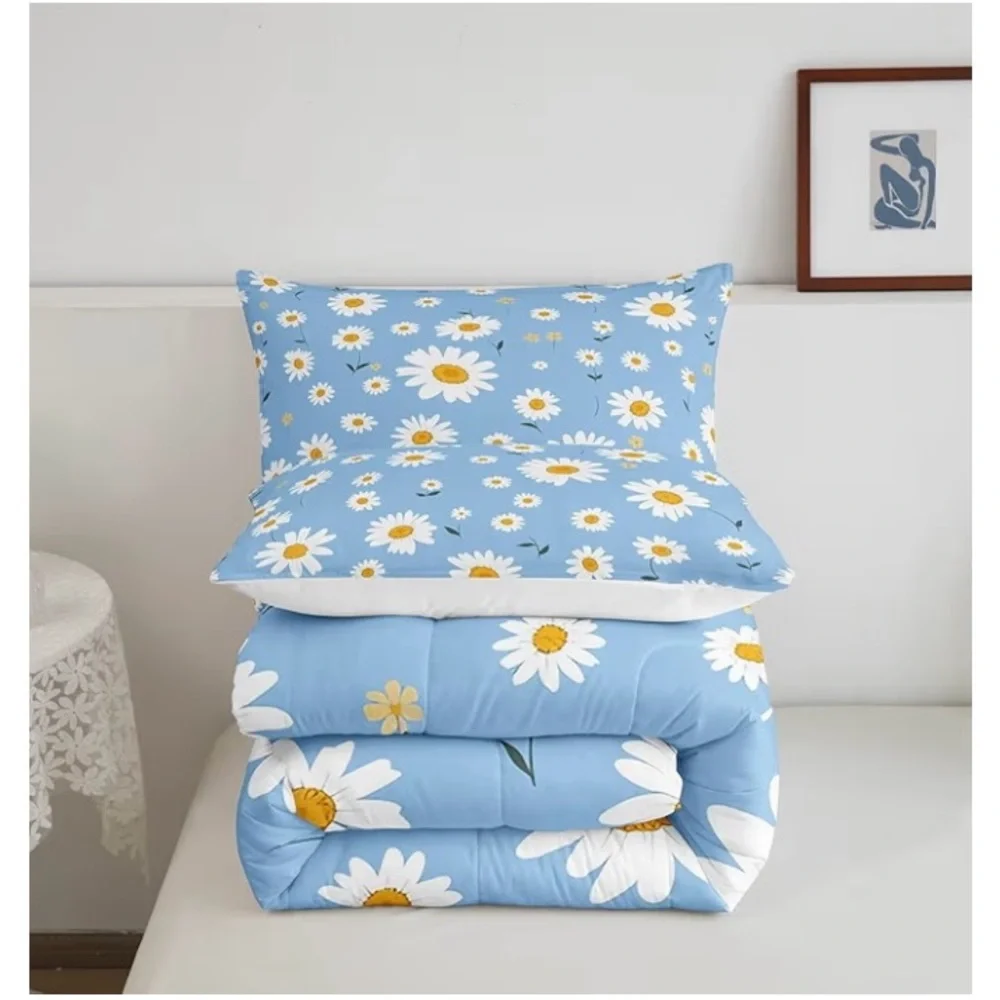 White Daisy Comforter Set Full Size, Botanical Garden Artwork with 2 Pillowcases